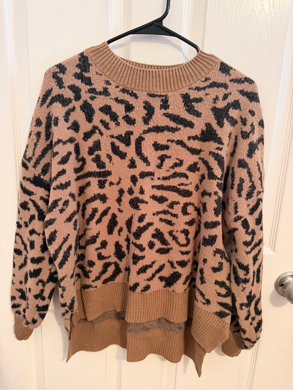JODIFL Tan and Black Animal-Print Crewneck Sweater